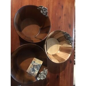 World Traveler Teak Wood Wood Salad Bowls Set Of 3 W/Silver Floral Charm Detail
